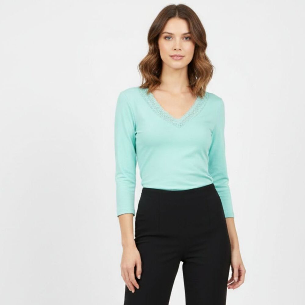 Cosabella Lace Neck Trim Blue Long Sleeve Tee T Shirt Top M NEW